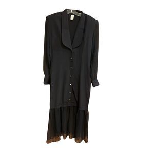 Vtg Maxi Black Shirt Dress Button Front Sheer Sleeves & Ruffle Goth Whimsygoth